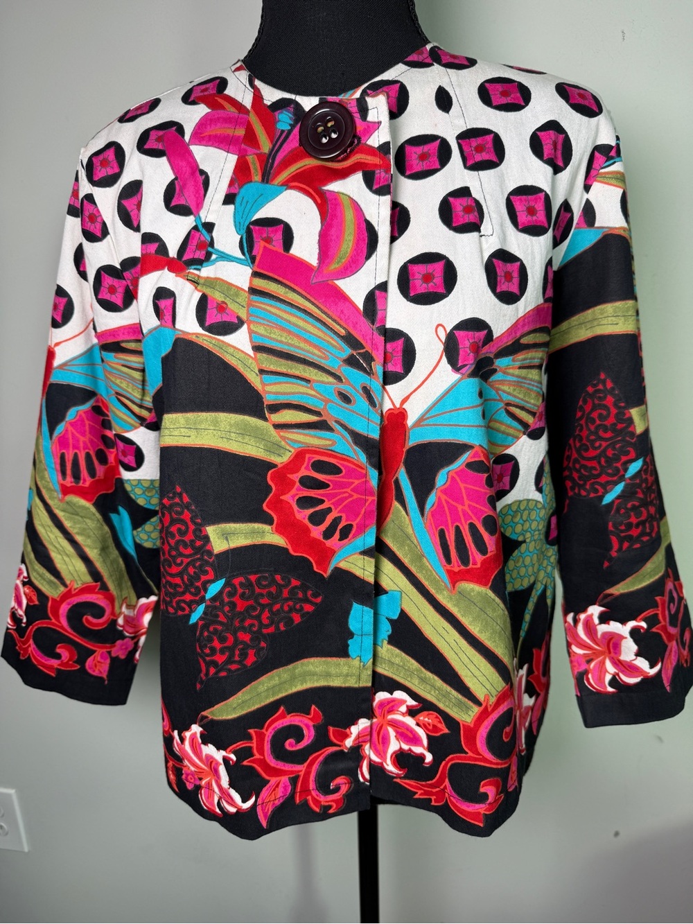 Vintage Butterfly Print Cropped Jacket Art To Wear M